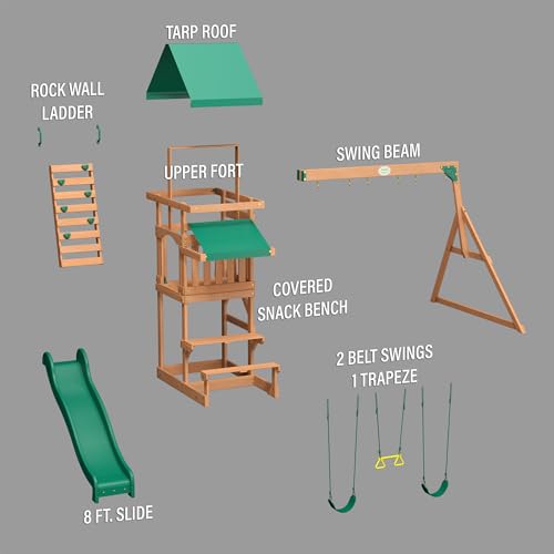 Backyard Discovery Belmont Cedar Wood Swing Set with Wave Slide, Play Deck, Rock Wall Ladder, Snack Bar Window, Shaded Picnic Area, Bench, Belt Swings, Trapeze, Sandbox Area, Canopy, Outdoor Playset