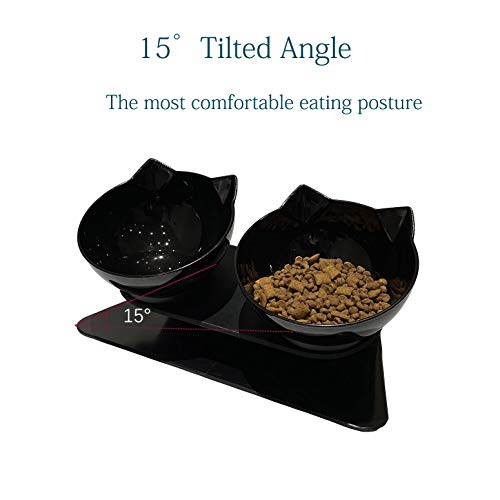 Luck Dawn Double Elevated Cat Bowls with Raised Stand, 15 Tilted cat Bowl Design Neck Guard Stand Raised Pet Food Water Feeder Bowl for Cats or Small Dogs