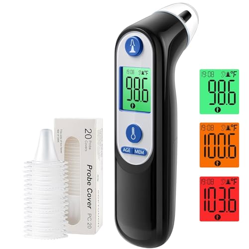 Ear Thermometer for Kids, Adults and Babies, FSA Eligible, Fever Alarm, Mute Mode, 30 Memory Recall with 21 Probe Covers - Fast Results & Easy to use, Life Time Support (Black)