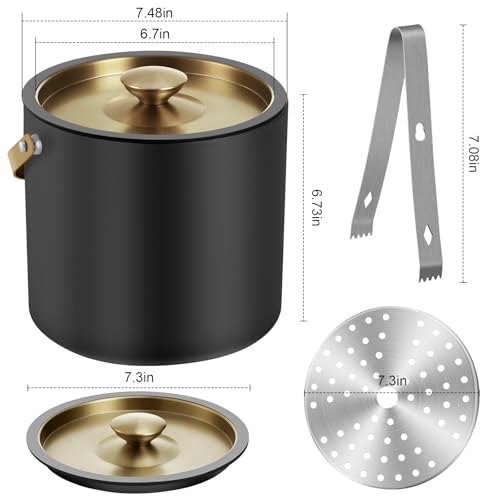 3.2L Ice Bucket with Silicone Lid, Tongs & Strainer, Double Wall Stainless Steel Insulated Black Ice Bucket for Parties & Cocktail Bar, Keep Ice Frozen Longer