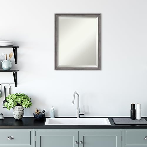 Amanti Art Grey Bathroom Mirror for Over Sink, 26x22 Rustic Plank Grey Rectangle Vanity Mirror, Small Country Rustic Frame, Hangs Horizonally and Vertically, Bathroom Wall Decor, Beveled Edge