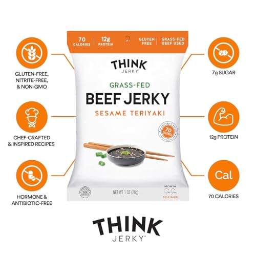 Think Jerky Beef and Turkey Jerky Variety Pack, Classic, Sweet Chipotle, Sriracha Honey, Sesame Teriyaki, Healthy Meat Snack, Low Calorie Low Fat - 1.0 oz Bags, 8 Pack, 2 of Each