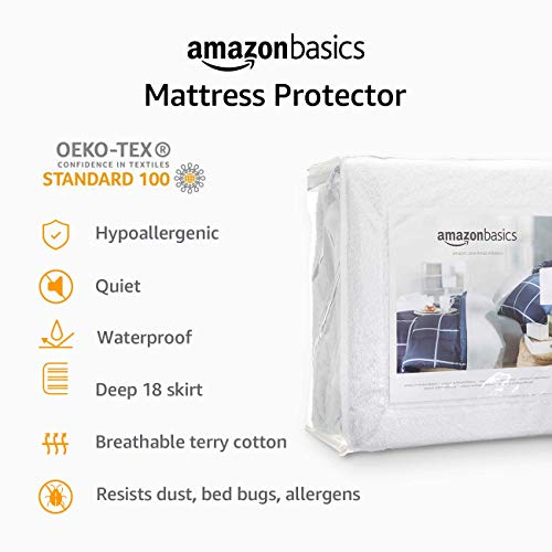 Amazon Basics Waterproof 18 inch Mattress Protector Twin Size, Breathable, Machine Washable, White