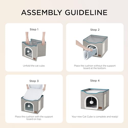 Bedsure Large Cat Beds for Indoor Cats - Extra Wide Cat Cube House for Small Pet with Fluffy Ball Hanging and Scratch Pad, Foldable Pet Cave Hideaway for Multiple Cats, 23.6x16.9x13 inches,Pink