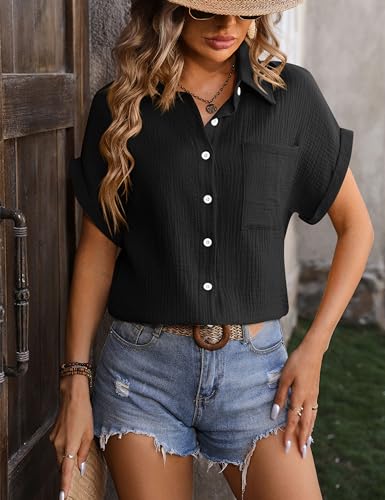 Zontroldy Women's Spring Summer Button Down Shirts Collared V Neck Short Sleeve Blouse Tops(0533-Black-S)