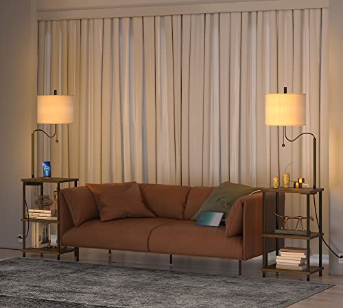 WEITERS Set of 2 Floor Lamp with Table, End Table with USB Charging Port Type-C, Power Outlet, Bedside Nightstand Shelves, Side Table with Reading Standing Light for Living Room Bedroom(Brown)