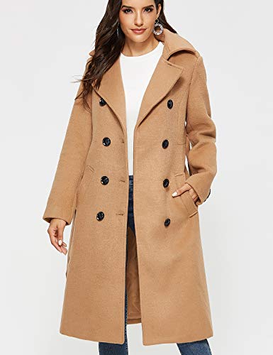 Escalier Womens Wool Coat Double Breasted Pea Coat Winter Long Trench Coat with Belt Camel S