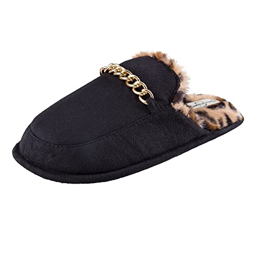 Jessica Simpson Women’s Plush Scuff Slipper House Shoe with Memory Foam and Anti-Skid Sole, Black Chain, Small