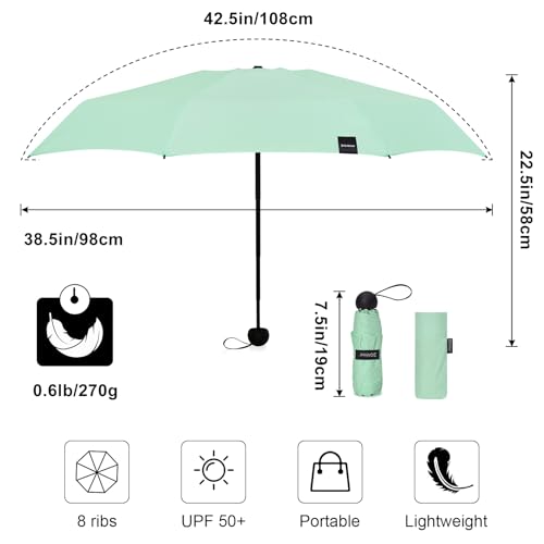 G4Free Compact Travel Umbrella UPF 50+ UV Protection Sun Blocking Mini Umbrellas for Men and Women(Light Green)