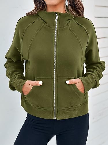 Fisoew Womens Zip Up Sweatshirts Fleece Lined Collar Crop Hoodie Casual Cotton Long Sleeve Tops with Thumb Hole
