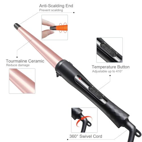 Hair Curling Wand, 1/2-1 Inch Tapered Curling Iron, Professional Ceramic Hair Curler Wand for Long & Short Hair, Curling Iron with 2 Temperature, Include Heat Protective Glove-Pink