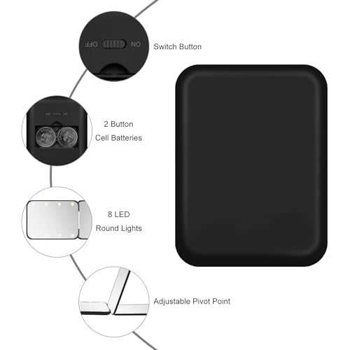 Kakuje Travel Mirror with Light, 1X/3X Magnification LED Compact Mirror with Nternal BIattery, Black Mini Mirror for Purse, Pocket,Travel and Present