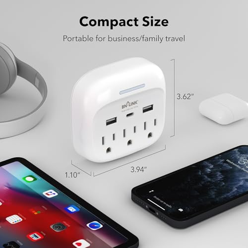 BN-LINK Multi Plug Outlet Extender with 3 Outlets and 3 USB Ports, 3 AC Outlet Splitter with 3 USB Ports (1 USB C), Wall Charger Adapter for Dorm, School, Travel, Office, Home, Travel, 1 Pack