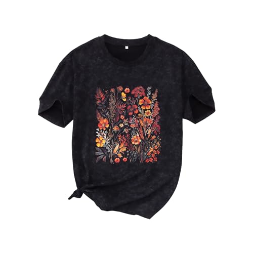 MODNTOGA Womens Floral Shirts Vintage Wildflower Graphic Tees Short Sleeve Flowers Print T-Shirts Retro Oversized Crewneck Tops (Black, S)