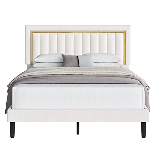 HITHOS Full Size Bed Frame with Adjustable Tufted Headboard, Velvet Upholstered Platform Bed Frame with Gold Trim, Heavy Duty Mattress Foundation with Steel Frame, Easy-Assembly Slats (Black, Full)