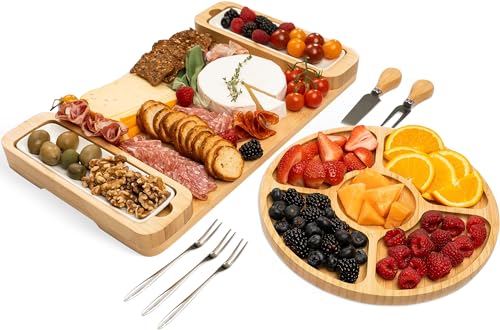 Bambüsi Charcuterie Board Gift Set - Cheese Board & Serving Tray - Large Bamboo Charcuterie Boards - Unique Housewarming Gifts New Home, Wedding Gifts for Women