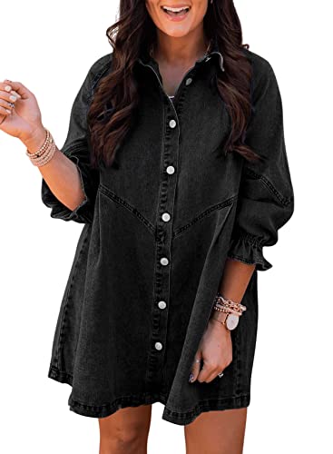 Sidefeel Womens Smocked 3 4 Sleeve Button Down Denim Jeans Dresses Small Black