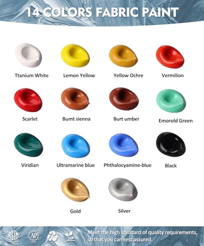 Colorful Permanent Fabric Paint, 14 Colors Soft Fabric Paint in Bottles (30ml/1oz) with Brushes, Palette, Non-Toxic Textile Paint for Creative DIY Clothes, T-Shirts, Shoes Art and Crafts