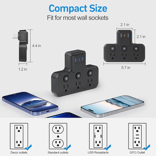 Multi Plug Outlet Extender, 1875W|15A Surge Protector Wall Outlets Extender with USB Wall Charger(1 PD20W USB C), PASSUS Multiple Plug Expander Splitter for Home Office Dorm Room Essentials