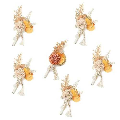 TINGE TIME Boutonniere for Men Wedding, Set of 6, Beige Artificial Groom Boutineer for Wedding Ceremony Anniversary, Formal Dinner Homecoming and Prom
