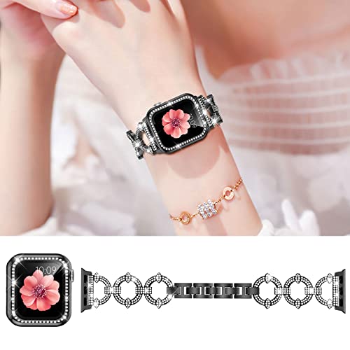 Mesime Compatible with Apple Watch Band 38mm 40mm 41mm 42mm 44mm 45mm , Women Girl Bling Diamond Jewelry Metal Strap Bands with Crystal Tempered Glass Screen Protector Case, Round Shiny Bracelet