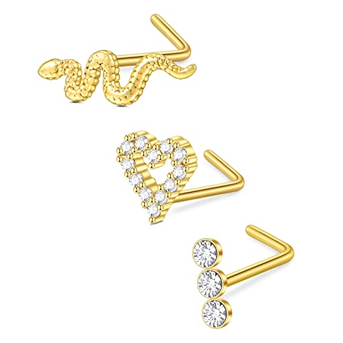 D.Bella 18G L Shaped Nose Studs Surgical Stainless Steel 1.5mm 2mm 2.5mm CZ Nose Rings Studs Rose Gold Nose Rings for Women Nose Nostril Piercing Jewerly