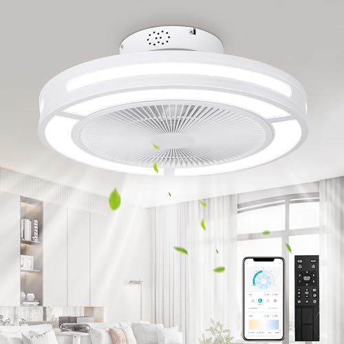 Ohniyou Enclosed Ceiling Fan With Lights,19" Bladeless Ceiling Fan With Lights and Remote,Low Profile Ceiling Fan With Dimmable Led Night Light, Flush mount Ceiling Fan For Bedroom,Living Room
