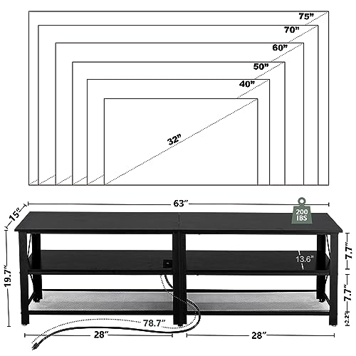 Clikuutory Modern Black 63 inch Metal TV Stand with LED Lights and Power Outlets for 40 50 55 60 65 70 Inch TVs, 3 Tier Television Stands with Entertainment Center and Storage for Living Room, Bedroom