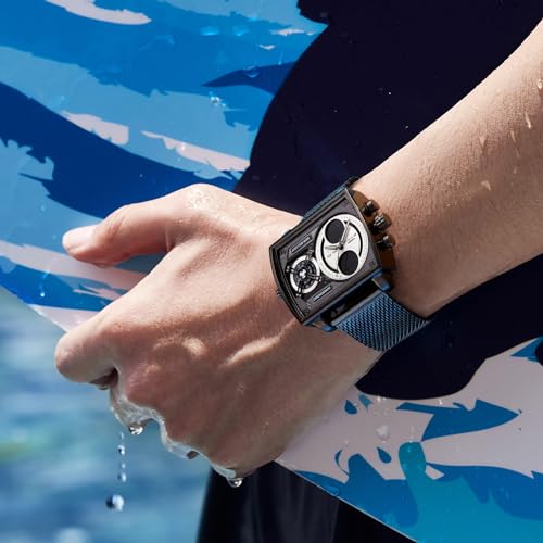 FEICE Men's Square Digital LED Watch - Multifunction Chronograph with Analog Quartz Movement, Stainless Steel Band, Dual Time Display, Waterproof Wristwatch FK814