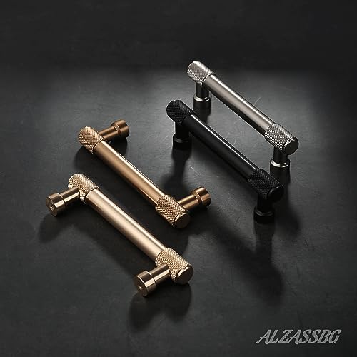 Alzassbg 6 Pack Gold Cabinet Pulls, 5 Inch(128mm) Hole Centers Kitchen Hardware Knurled Cabinet Handles for Cabinets and Drawers AL3017BB