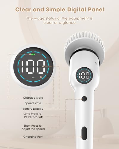 Electric Spin Scrubber, Cordless Shower Scrubber with Long Handle and 8 Replacement Heads, Power Cleaning Brush with 3 Adjustable Speeds for Bathroom Grout Bathtub Tile Floor, Black