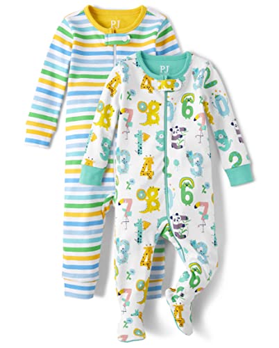 The Children's Place Baby Boys' and Toddler Short Sleeve 100% Cotton Zip-Front One Piece Pajama, Numbers/Stripes 2-Pack, 0-3 Months