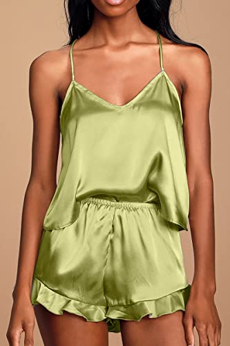 CHYRII Women's Sexy Silk Satin PJS Racerback Cami Tops and Ruffled Hem Shorts 2 PCS Pajamas Sets Nightwear Red S