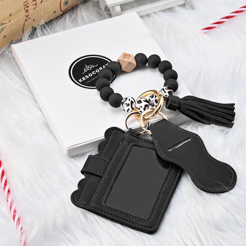 KESOCORAY Women Wristlet Bracelet Keychain Wallet,Silicone Wooden Beaded Bangle Key Ring Tassel Key Chain with Lipstick Holder for Girls(Black)