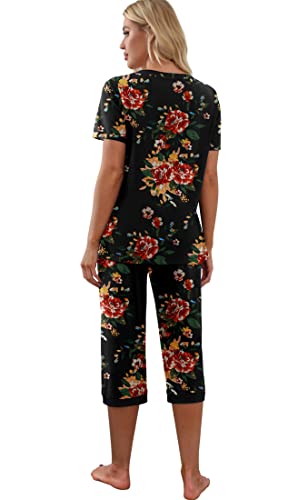PrinStory Women's Pajama Set Short Sleeve Shirt and Capri Pants Sleepwear Pjs Sets with Pockets Dot-Navy Blue-Medium
