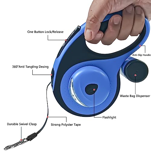 Huhaneon Retractable Dog Leash with Waste Bag Dispenser and Flashlight, 16ft Dog Leash for Small Medium Dogs up to 66lbs, One Button Break & Lock,360°Tangle Free, Soft Anti Slip Grip,Blue