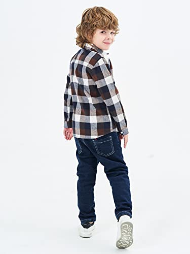 OCHENTA Big Kids Boys' Button Down Flannel Plaid Shirt Boy Long Sleeve Christmas Outfit E003 Coffee 150 7-8 Years
