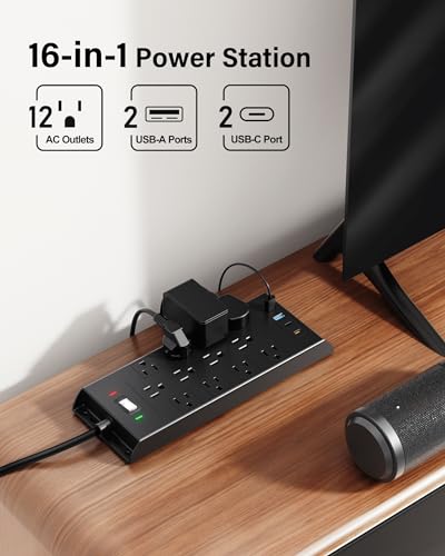 Surge Protector Power Strip 4800J - LeZone Flat Plug Extension Cord 5Ft, 12 Outlets 2 USB C 2 USB Ports, Wall Mountable, 20W Desk Charging Station, Black
