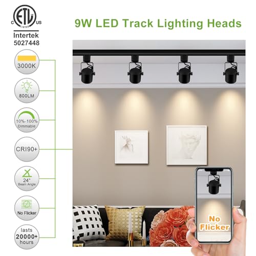 Arcfox H Type LED Track Light Head 9W 3000K Warm White ETL Multi Adjustable Angle 3 Wire Single Circuit Dimmable Track Lighting for Kitchen Dining Room Wall Art Exhibition (6 Pack, Black)