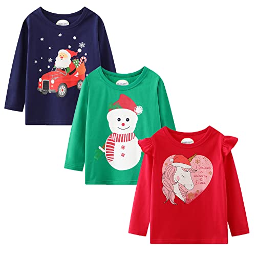 Baby Girls' Long-Sleeve Cotton Jersey Tunic T-Shirts Unicorn Graphic Winter Casual Crewneck Pink White Tunic Tops Tee Shirts Sets 3 Pack 12 Months