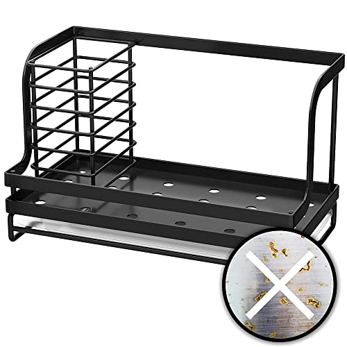 ODesign Sink Caddy,Kitchen sink Organizer Caddy Holder with Drain Pan Sponge Scrubber Brush Kitchen Caddy for Countertop Sponge Holder for Kitchen Sink,SUS304 Stainless Steel Rustproof - Black