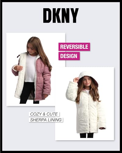 DKNY Girls’ Jacket – Reversible Heavyweight Quilted Parka Coat with Sherpa Lining – Reversible Jacket for Girls (4-16), Size 7-8, Dark Dusty Pink/Cream