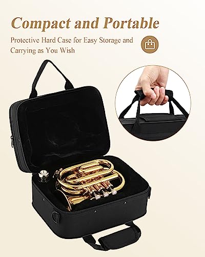 Eastar Pocket Trumpet B Flat Brass Bb Pocket Trumpet with Mouthpiece 7C, Cleaning Cloth, Hard Case, Gloves, Full Kit, Gold Lacquer, ETR-330