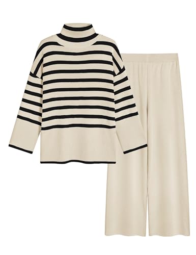 Tanming Women's Sweater Sets Long Sleeve Striped Jumper Tops Casual Knit Wide Leg Pants Sets (Beige-S)