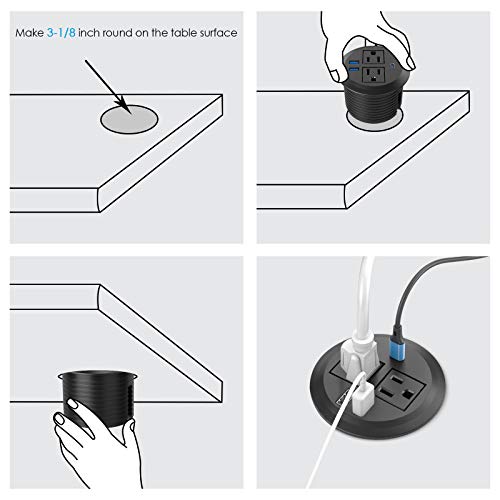 3 inch Desktop Power Grommet USB C,20W Fast Charging Station,Furniture Recessed Power Strip,2 Outlets,3 USB Ports,Flush-Mount for Desktop, Workspace Essential Desk Outlet,2 Pack (Black)