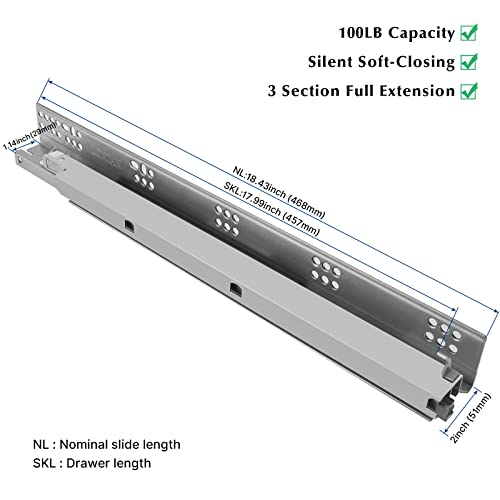 LONTAN 6 Pair UnderMount Drawer Slides 18 inch, Full Extension Soft Close Concealed Drawer Runners,Bottom Mount Heavy Duty Drawer slides-100lb Capacity Rails