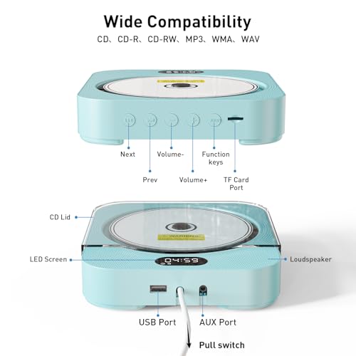 Kpop CD Player with Bluetooth Speakers,Blue Wired Cute Desktop/Wall CD Players for Home with IR Remote Control,FM Radio/CD Music Timer Alarm Clock with LED Display,Support CD/USB/TF/AUX/Copy
