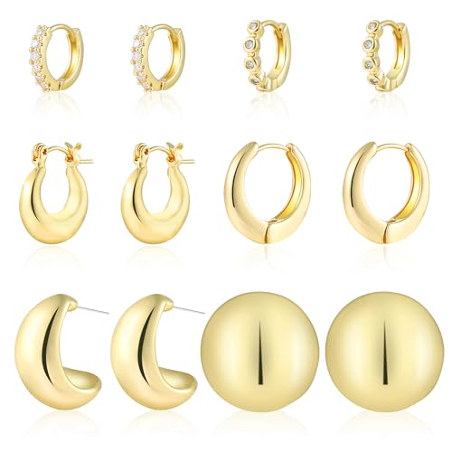 HILXURY 6 Pairs Gold Hoop Earrings for Women, 14K Gold Plated Chunky Huggie Hoop Earrings Set Hypoallergenic, Lightweight Twisted Open Hoops Jewelry for Christmas/Birthday Gifts. (1Gold)