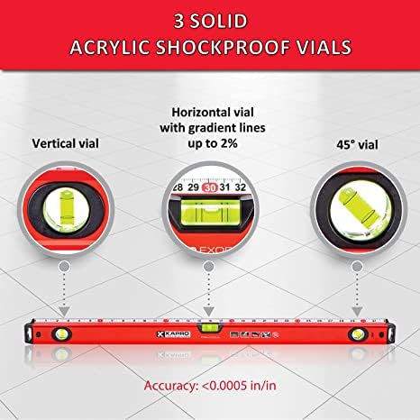 Kapro - 770 Exodus Professional Box Level - 12" - With 45° Vial & Ruler - For Leveling, Measuring, Marking, and Cutting - Features 3 Vials, Precise Straightedge, and Wall-Grip
