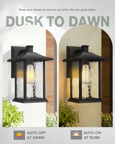 Beionxii Outdoor Light Fixture, 14 inch Dusk to Dawn Exterior Wall Mount Lantern Outside Lights for House Patio, Black Cast Aluminum w/Water Glass - A272W-1PK